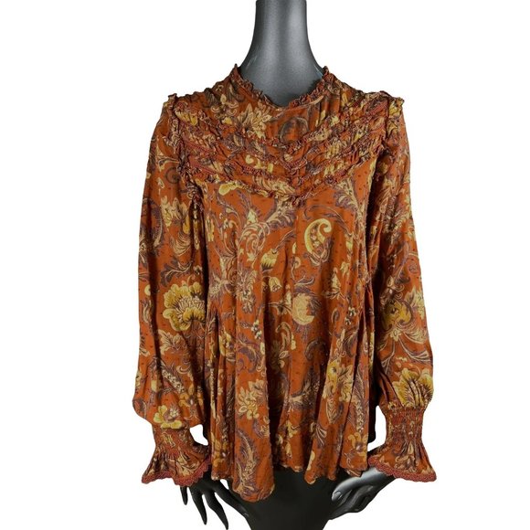 Spell & Gypsy Collective Rust Brown Blouse Top Floral Ruffle Longsleeve Medium - Picture 2 of 7